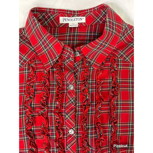 Pendleton Red Plaid Ruffle Front Button Down Shirt Long Sleeve Size Large - Picture 4 of 7